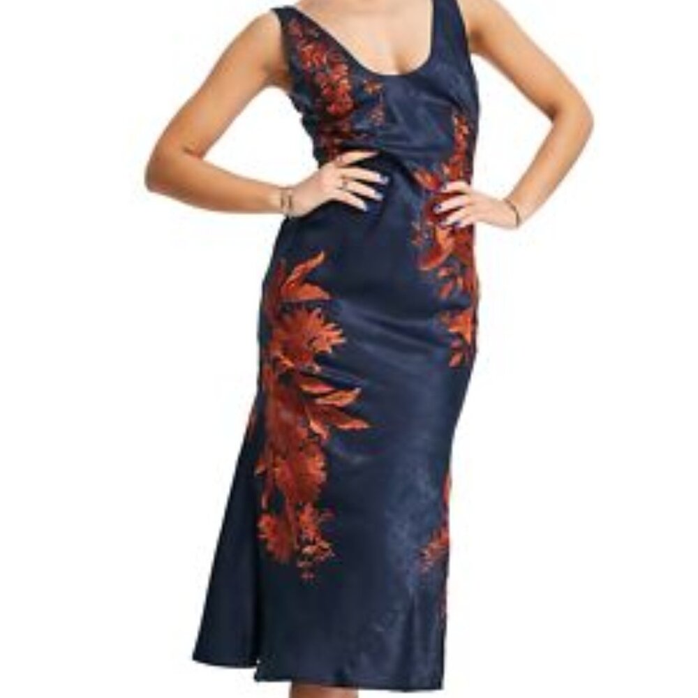 ASOS Midi Slip Dress in Navy Satin with Floral Embroidery